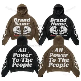 Dubbel skalle tryckt tröja med bakre bokstäver gjorda av ren bomullsgata hoodie sport lös topp för män och kvinnor y2k 240102