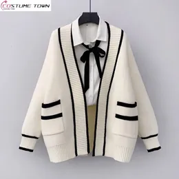 Vår- och höstkoreansk version Löst mitten av fickan Pocket Academy Style Fashion Sweater Cardigan Coat Womens Knit 240103