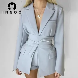 Pants INGOO Lace Up Waist Long Sleeve Lapel Blazers Suit Women Solid Elegant Office Ladies Casual Jacket Coat Fashion Street Outwear