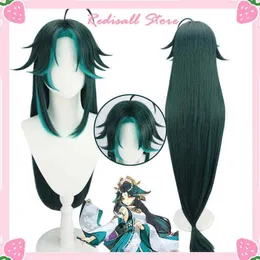 الباروكات 120 سم Genshin تأثير Xiao wig cosplay النسخة الإناث الطويل مستقيم خضراء داكنة الشعر الاصطناعية الشعر مقاوم للحرارة للبالغين con y220