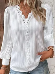 Mulher renda costura vneck simples preto chiffon camisa outono lanterna manga longa pulôver topo moda senhora elegante rua blous 240102