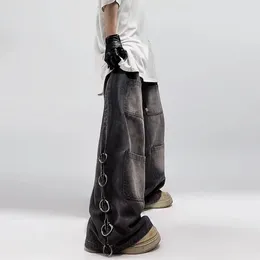 Estilo americano bolso oversized retro baggy jeans homens y2k hip hop punk perna larga reta macacão preto denim calças streetwear 240102