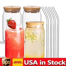 US Warehouse Water Bottles Sublimation 12oz 16oz glass Tumbler Cups can glasses with bamboo lid reusable straw Mug beer Transparent frosted Soda Cup drinking 0103