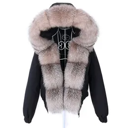 Maomaokong Fashion Short Women's Real Fox Fur Coat Natural Big Raccoon Fur Collar Winter Parka Bomber Jacket Waterproof 240102