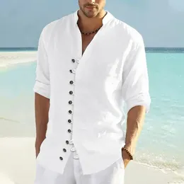 Camicia casual in cotone e lino da uomo primavera e autunno spiaggia Collo a lupetto Solido manica lunga allentata Top camicia di moda bella US S-3XL 240102