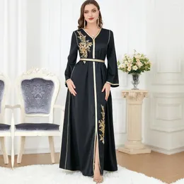 Roupas étnicas Floral Bordado Guipure Lace Painel Cinto Vestido Elegante V-nek Vestidos Longos Preto Abaya Mulheres Muçulmanas Ramadan M-XXL