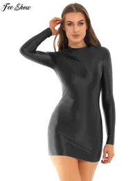 Casual Dresses Womens Glossy Mini BodyCon Dress Clubwear Solid Color Smooth Stretchy Mock Neck Long Sleeve Slim Fit Tight Short