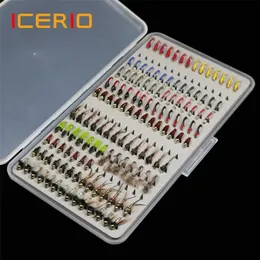 Iscas Icerio 133pcs / set ultrafino portátil ninfa scud midge moscas kit sortimento com caixa truta pesca mosca iscas 220107