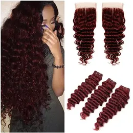 Wefts Deep Wave Brazilian Wine Red Human Hair Bundles Top Closure Colored #99j Burgundy 4x4 Race Closure with Virgin Hair Weave Bun