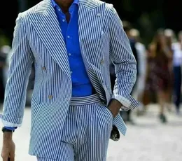 Ternos casuais fino puro algodão macio listrado seersucker ternos masculinos traje de casamento formal smoking doublebreasted festa blazer 2 peças