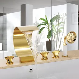 Torneiras Free Ship Cachoeira Banheira Chuveiro Deck Montado 5 Pcs Difundido Tipvd Gold Bath Mixer Square