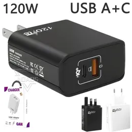 GAN 120W Type-C+USB GAN 65W Dual Port Wall Adapters Telefon LAPTOP LARGER EU/US/UK Anpassad för iPhone Samsung Smart Phone