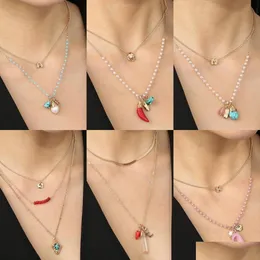 Pendant Necklaces Vintage Fashion Mtilayered Chain Natural Stone Necklace For Women Gold Metal Pearl Choker Sweater Jewelry5282063 Dr Dhsaw