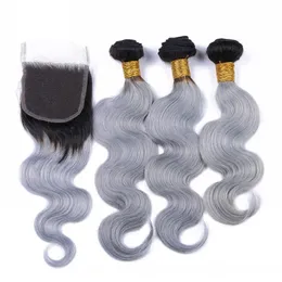 Wefts Brazilian Silver Grey Ombre lace閉鎖付き人間の髪の束4pcsロットダークルート1b/灰色のオンブル4x4フロントレース閉鎖