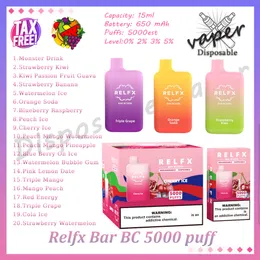 Authentische Relfx Bar BC 5000 Puff Einweg-Vape-Stift, Netzspule, 15 ml vorgefüllter Pod, 650 mAh wiederaufladbarer Akku, 0 % 2 % 3 % 5 % Verdampfer, E-Zigarette, 20 Geschmacksrichtungen auf Lager