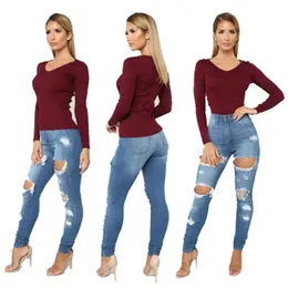 Calças de brim femininas magro rasgado buraco jeans push up meados cintura denim calça senhoras casual fino ajuste calças compridas femininas frete grátis atualização