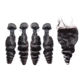 Tramas Greatremy Peruano Malaio Extensão Do Cabelo 1 pc Parte Do Meio Top Fechamento Do Laço 4x4 Com 4 pcs Pacotes de Cabelo Onda Solta Cabelo Virgem Nat