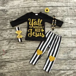 Sets Wholesale Fall clothes girls boutique clothing heart strips long pants full sleeve black Y'all need Jesus with matching necklace