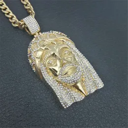 Hip Hop Men Golden Color Iced Out Bling Rhinestone 14k Yellow Gold Big Jesus Piece Halsband hängen med kedjor Vogue smycken