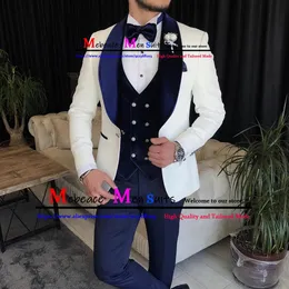 Jackor 2022 Senaste White Jacquard Mens Wedding Suits Navy Veet Lapel Men Suit Set 3 Pieces Jacket Vest Pants Costume Homme Mariage