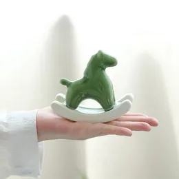 2024 Creative Ceramic Rocking Horse Ornaments Desktop Foyer Tea Table Study Soft Decoration Green Horse Handicraft Gift 240103