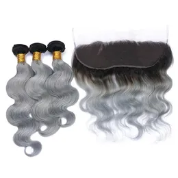 Wątki #1B/Gray Ombre Brazilian Virgin Hair 3bundles z frontalnymi ciemnymi korzeniami Srebrne szary ombre 13x4 koronkowy czołowy z falą ludzką hai