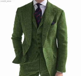 Men's Suits Blazers Mens Business 3 Pieces Suits Green Wool Retro Classic Herringbone Pattern Groom Tweed Tuxedos for Wedding (Blazer+Pants+Vest) Q230103