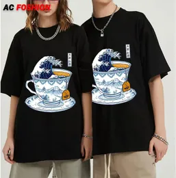 Tampas masculinas 2024 japoneses Great Kanagawa T-shirt Men Wave Retro Hokusai Art Tees unissex de manga curta de tamanho grande