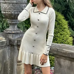 Polo collar long sleeved pleated hem dress for women's elegant tight fitting skirt 2024 spring new club clothing Vestibus 240103