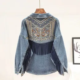 Denim Jacket Floral Embroidery Suede Fringe Loose Coat Chaquetas Mujer Long Sleeve Outerwear Women Vintage Streetwear 240102