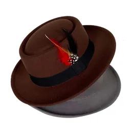 convex top classic fedora hat small flat top pearl feather men's felt hat polk pie coffee top hat gorras para hombres 240103