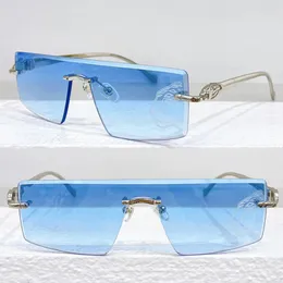 Geparden-Sonnenbrille für Damen, rahmenlos, superrechteckig, einteilig, blaue Linsenoberfläche mit Leopardenkopf, Outdoor-Reise-Sonnenbrille CT0058