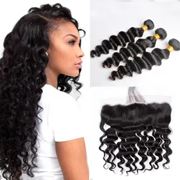 Tramas Brasileiras Soltas Profundas Cabelo Humano com 13x4 Lace Frontal Orelha a Orelha Cabeça Cheia Cor Natural Pode ser Tingido Extensões de Cabelo Humano