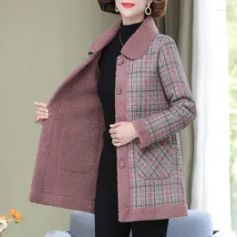 Women's Trench Coats Middle-aged Mother's Splicing Lamb Velvet Jacket 2024 Autumn Winter Slim Thick Plaid Coat Short Warm Parkas Outwear