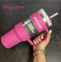 US stock WITH LOGO 40oz Hot Pink Mugs Stainless Steel Tumblers Mugs Cups Handle Straws Big Capacity Beer Water Bottles Outdoor Camping Clear/Frosted Lids B0103