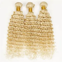 Wefts Blonde brasilianska djupa lockiga hårförlängningar 7a 100% mänskligt hårväv tätt kinky lockigt hår djupt våg 3st jerry curl #613