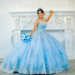 Gökyüzü mavi Omuz quinceanera elbise dantel aplike payetler boncuk tull meksika tatlı 16 vestidos de xv 15 anos