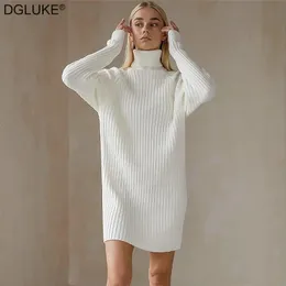 White Turtleneck Knitted Dresses Woman Winter Autumn Oversized Sweater Dress Fashion Long Sleeve Mini Dress Casual Knitwear 240103