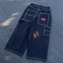 3pmwear Bordado de letras Hip Hop Jeans para hombres Y2k Retro holgado negro recto pantalones de pierna ancha Harajuku ropa de calle 240102