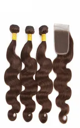 Teil-Spitzenverschluss mit braunen Haarbündeln, Farbe 4, Schokolade, mittelbraun, gewelltes Echthaar, mit 44-Top-Verschluss7082317