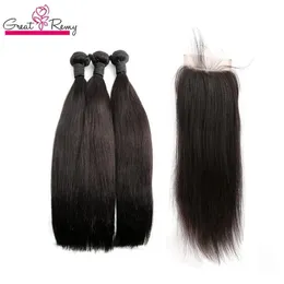 Wefts Greatremy 100 Malaysian Human Virgin Hair Bunds With Lace Closure Silkeslen Straight Natural Color Hair Wefts With Top Lace Stängning