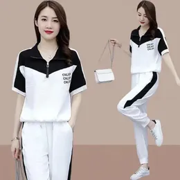 Capris 2022 Estate New Fashion Bianco Set Donna Zipper Tshirt e Pantalone sportivo Set Temperamento femminile Abito a due pezzi Elegante nero