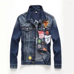 Herrenjacken Schwere Stickerei Mann Jacke Mode Denim Umlegekragen Blau F34