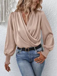 Women's Blouses Simple Cross Pleated V Neck Shirt Spring And Summer Solid Color Retro Lanternlong Sleeved Female White Office