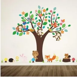 Adesivi animali della foresta scimmia che gioca sotto l'albero dei fiori adesivo da parete per bambini cameretta dei bambini decorazioni per la casa decalcomania per la casa