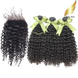 Wefts Malaysian Hair Closure Virgin hairweaves Lace Closure（4x4）自然な色4pcs/lot Bellahairで巻き毛のヘアバンドル