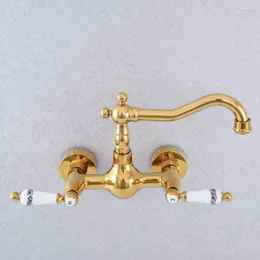 Badezimmer Waschbecken Wasserhähne Poliert Gold Farbe Messing Küche Becken Wasserhahn Mischbatterie Schwenk Auslauf Wand Montiert Dual Keramik Griffe Msf609