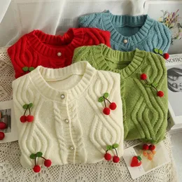 Yuoomuoo şık moda kiraz örgü hırka kadın sonbahar sevimli düğme yukarı oneck uzun kollu palto bayan y2k sweaters 240103