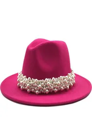 Chapeau Fedora en laine pour femmes, avec ruban de perles, pour homme, élégant, dame, hiver, automne, église à large bord, Panama, Sombrero, Jazz, Cap5197094