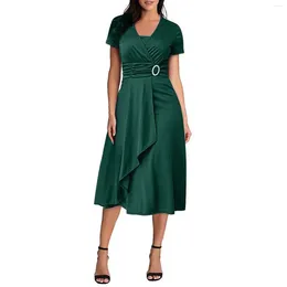 Casual Kleider Frauen Vintage Solide V-ausschnitt Kurzarm Party Rüschen Lange Unregelmäßige Saum Kleid 2024 Mode Elegante Casul